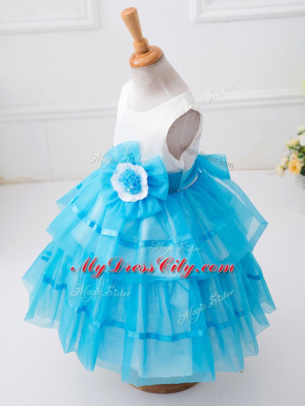 Baby Blue Child Pageant Dress Wedding Party with Ruffled Layers and Hand Made Flower Scoop Sleeveless Zipper