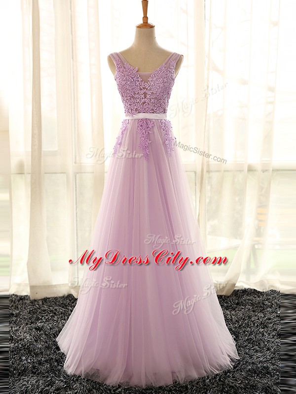 Elegant Lilac Lace Up V-neck Appliques Quinceanera Dama Dress Tulle Sleeveless