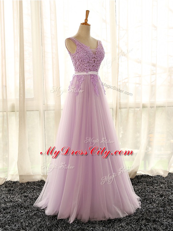 Elegant Lilac Lace Up V-neck Appliques Quinceanera Dama Dress Tulle Sleeveless