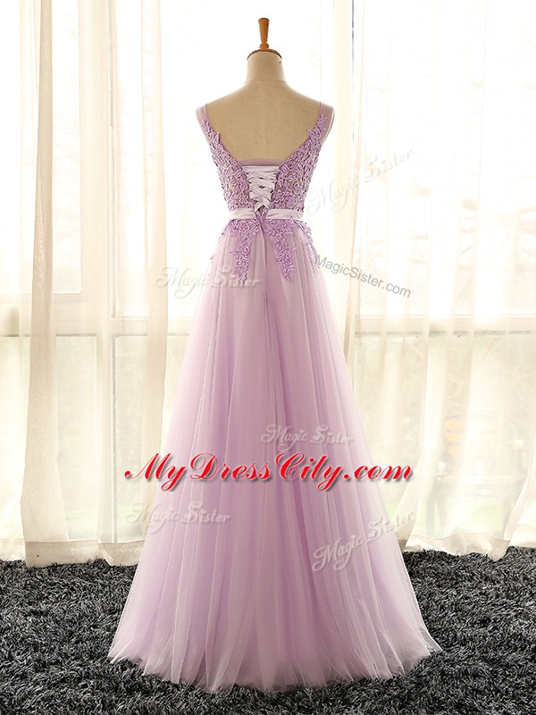 Elegant Lilac Lace Up V-neck Appliques Quinceanera Dama Dress Tulle Sleeveless