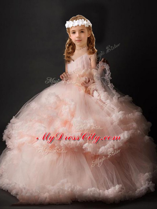 V-neck Sleeveless Tulle Little Girls Pageant Dress Wholesale Hand Made Flower Brush Train Criss Cross