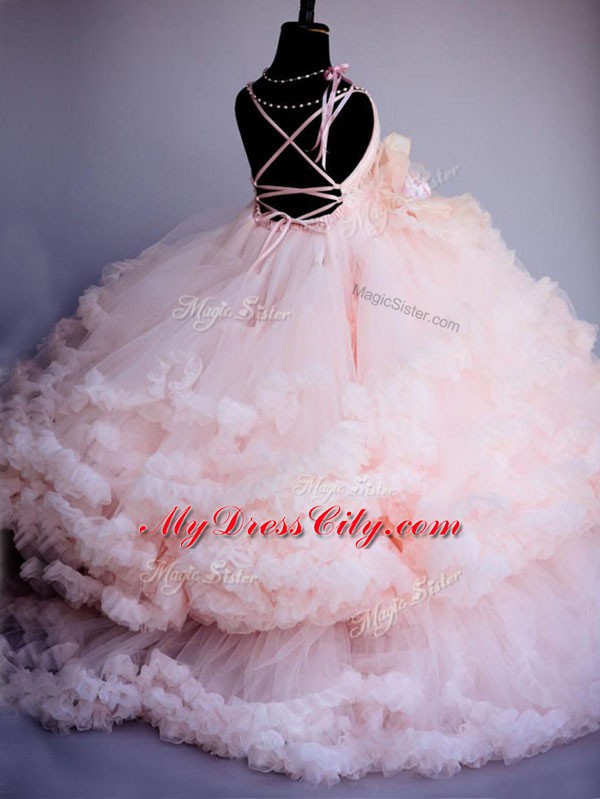 V-neck Sleeveless Tulle Little Girls Pageant Dress Wholesale Hand Made Flower Brush Train Criss Cross