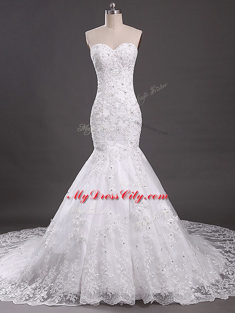 Best White Sleeveless Tulle Court Train Lace Up Bridal Gown for Wedding Party