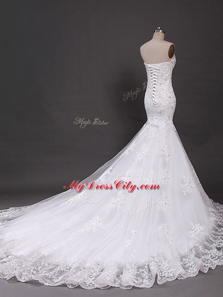 Best White Sleeveless Tulle Court Train Lace Up Bridal Gown for Wedding Party