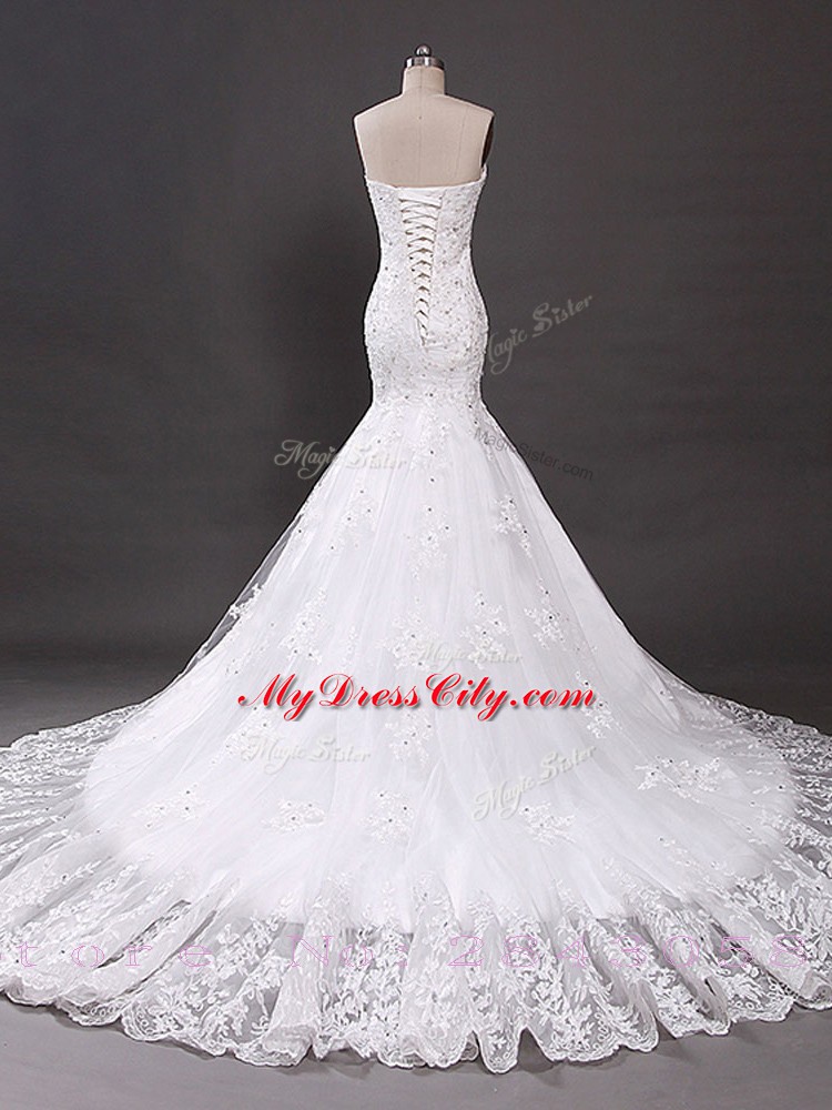 Best White Sleeveless Tulle Court Train Lace Up Bridal Gown for Wedding Party