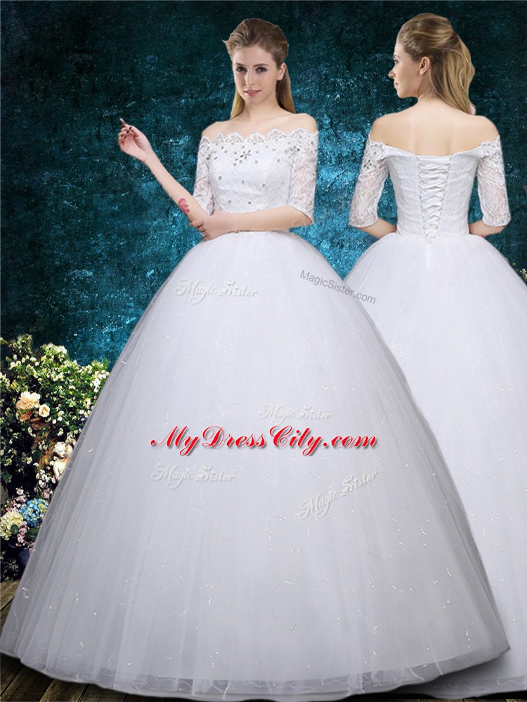 White Tulle Lace Up Scalloped Half Sleeves Floor Length Wedding Gowns Beading and Embroidery