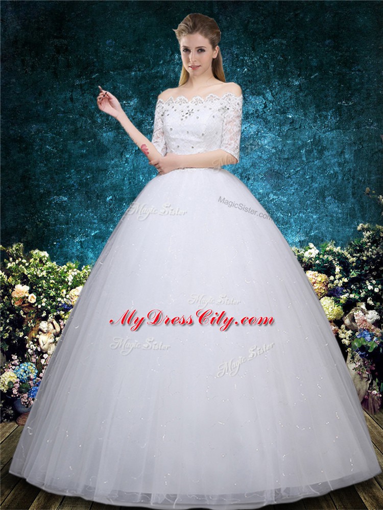 White Tulle Lace Up Scalloped Half Sleeves Floor Length Wedding Gowns Beading and Embroidery