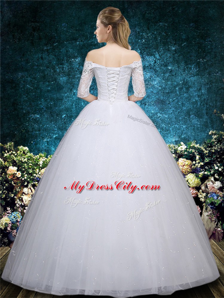 White Tulle Lace Up Scalloped Half Sleeves Floor Length Wedding Gowns Beading and Embroidery