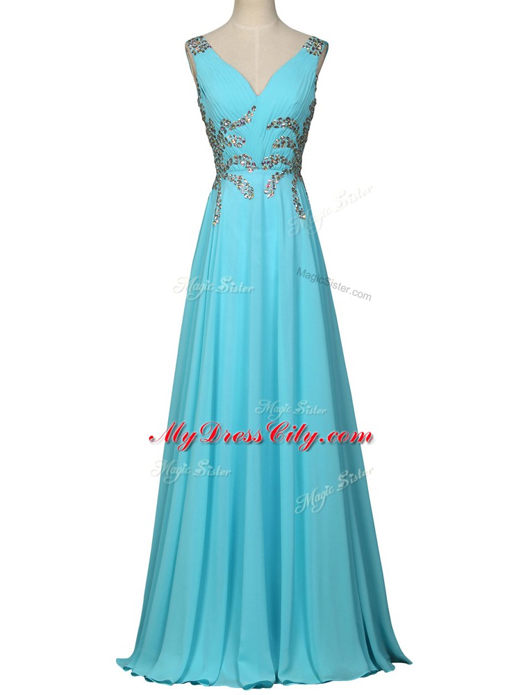 Traditional Aqua Blue Chiffon Zipper Evening Dresses Sleeveless Floor Length Beading and Ruching