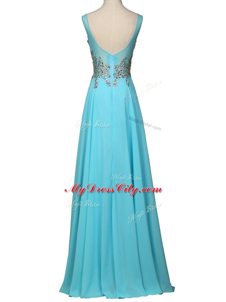 Traditional Aqua Blue Chiffon Zipper Evening Dresses Sleeveless Floor Length Beading and Ruching