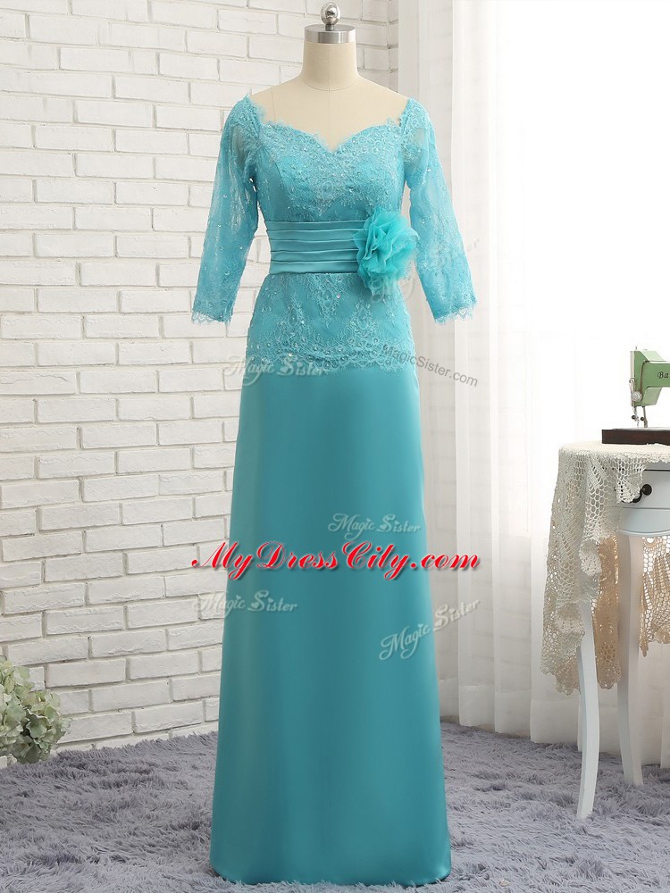 Popular Floor Length Aqua Blue Mother Dresses Chiffon Long Sleeves Lace and Appliques and Ruching and Hand Made Flower