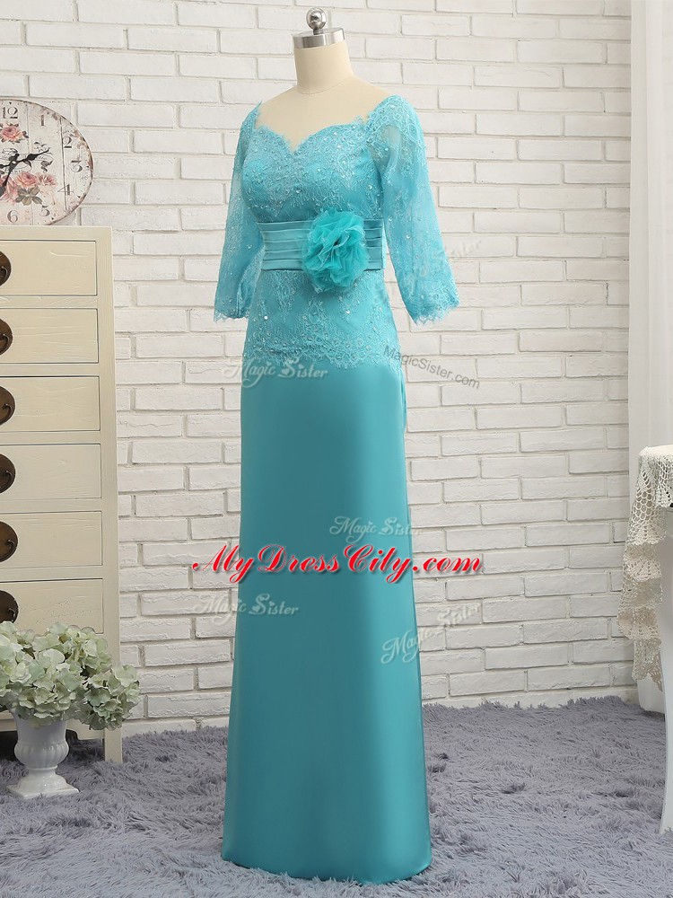 Popular Floor Length Aqua Blue Mother Dresses Chiffon Long Sleeves Lace and Appliques and Ruching and Hand Made Flower