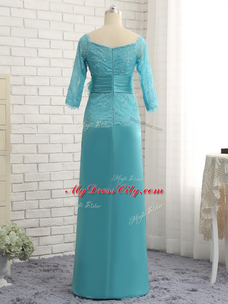 Popular Floor Length Aqua Blue Mother Dresses Chiffon Long Sleeves Lace and Appliques and Ruching and Hand Made Flower