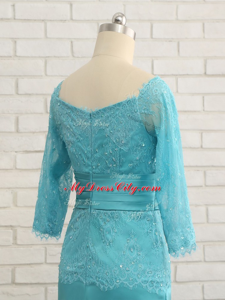 Popular Floor Length Aqua Blue Mother Dresses Chiffon Long Sleeves Lace and Appliques and Ruching and Hand Made Flower