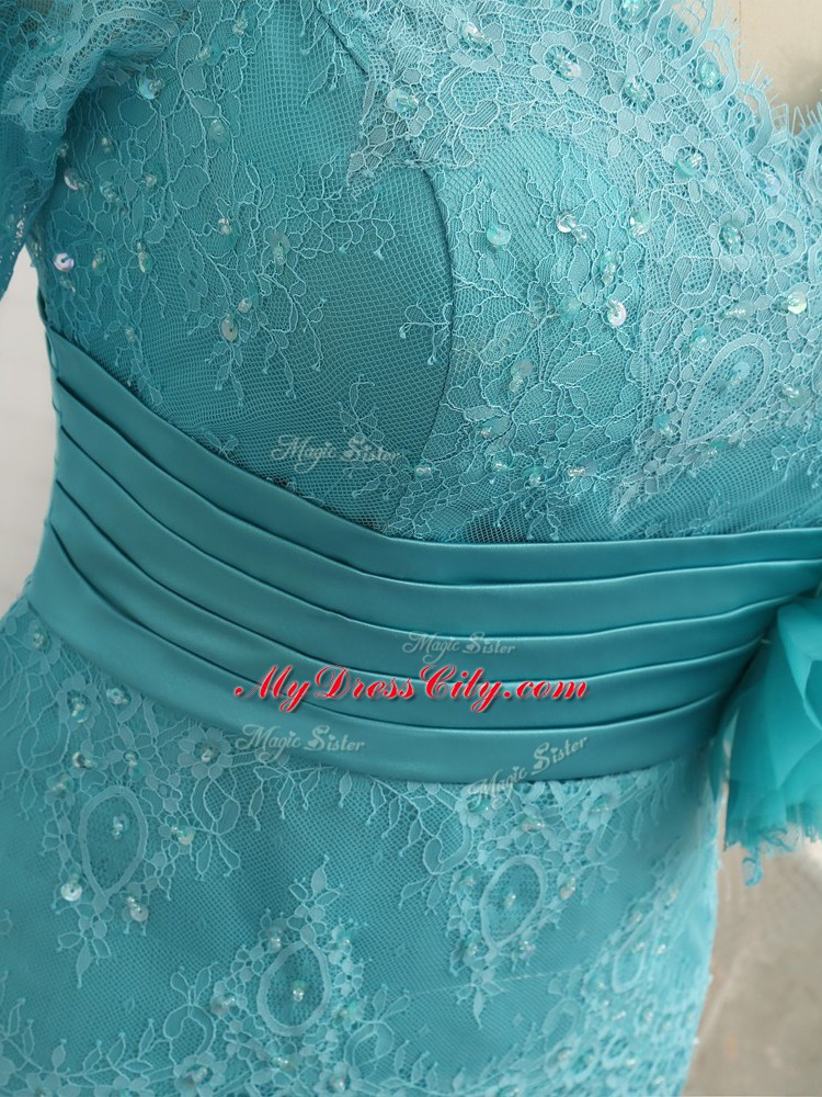 Popular Floor Length Aqua Blue Mother Dresses Chiffon Long Sleeves Lace and Appliques and Ruching and Hand Made Flower