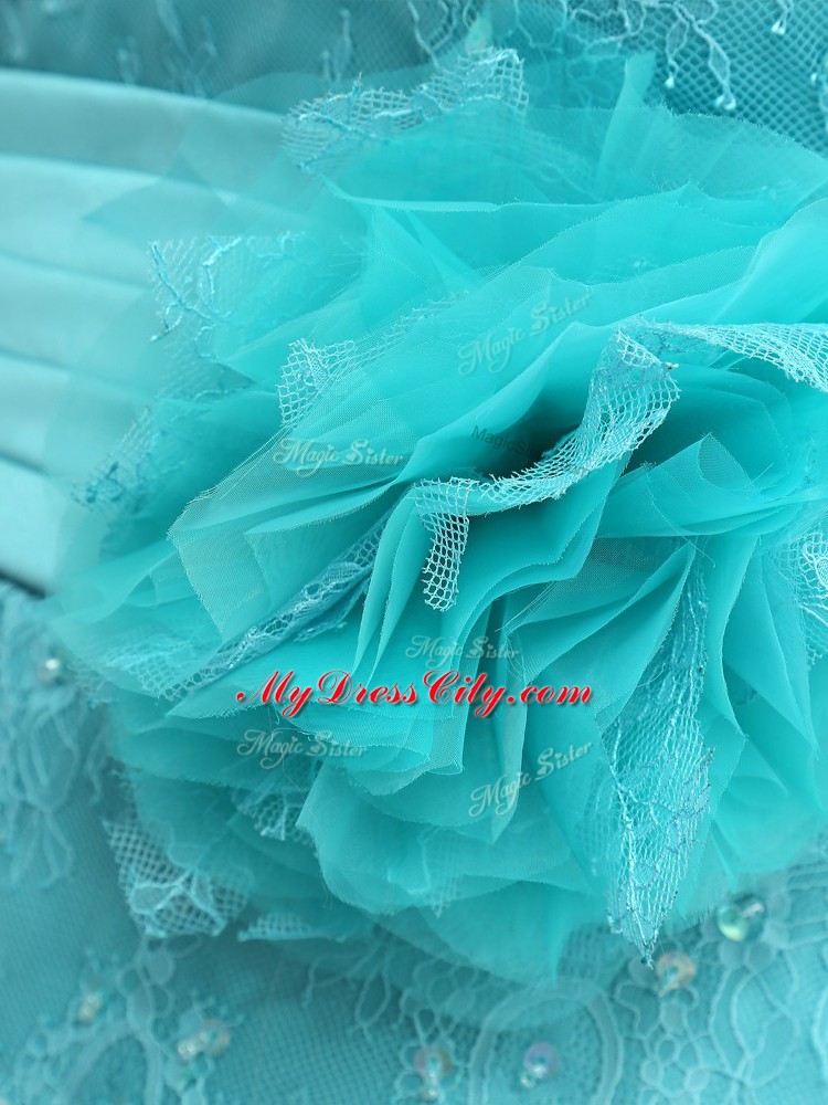 Popular Floor Length Aqua Blue Mother Dresses Chiffon Long Sleeves Lace and Appliques and Ruching and Hand Made Flower