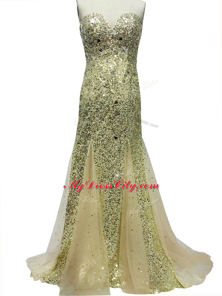 Olive Green Evening Dress Prom and Party and Military Ball and Sweet 16 with Sequins Sweetheart Sleeveless Brush Train Zipper