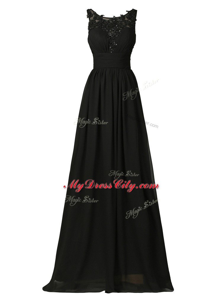 Black Sleeveless Floor Length Appliques Zipper Damas Dress