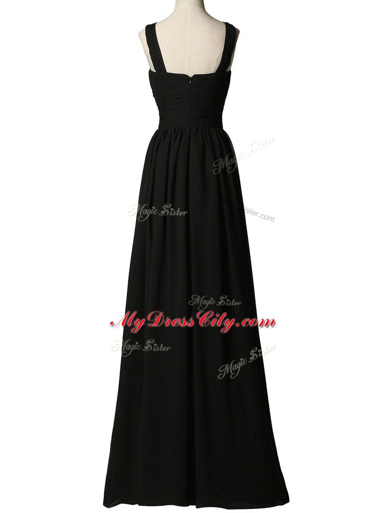 Black Sleeveless Floor Length Appliques Zipper Damas Dress