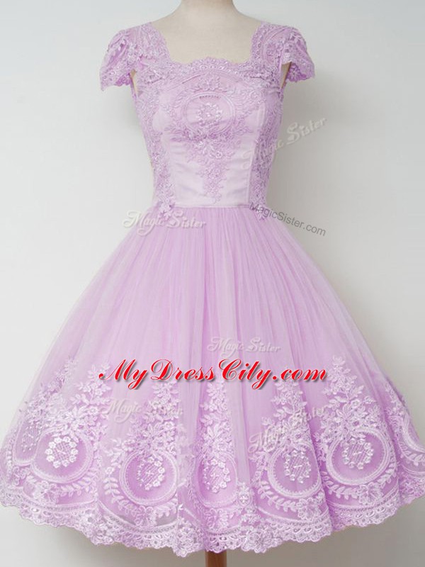 Stunning Knee Length Zipper Wedding Guest Dresses Lilac for Prom and Party and Wedding Party with Lace