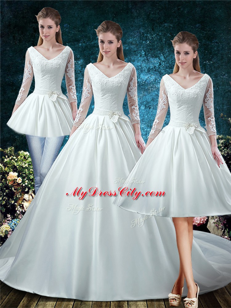 Fantastic V-neck 3 4 Length Sleeve Wedding Dress Court Train Lace and Belt White Satin