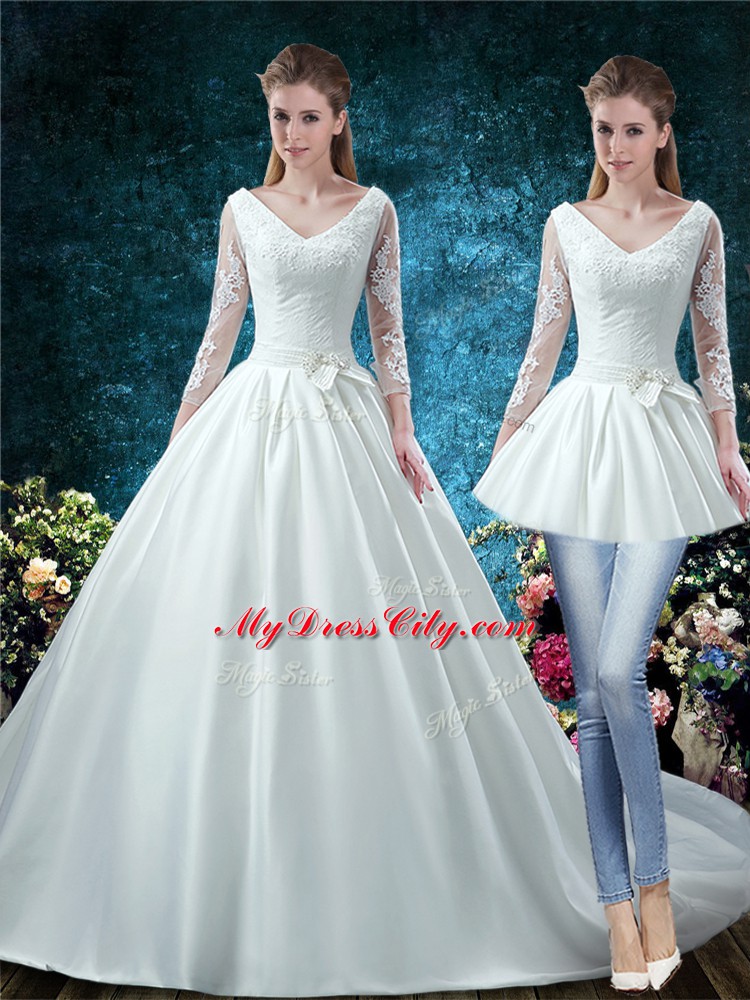 Fantastic V-neck 3 4 Length Sleeve Wedding Dress Court Train Lace and Belt White Satin