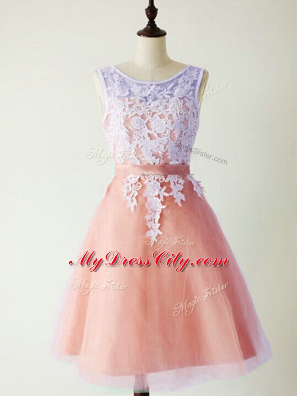 Cheap Scoop Sleeveless Quinceanera Dama Dress Knee Length Lace Peach Tulle