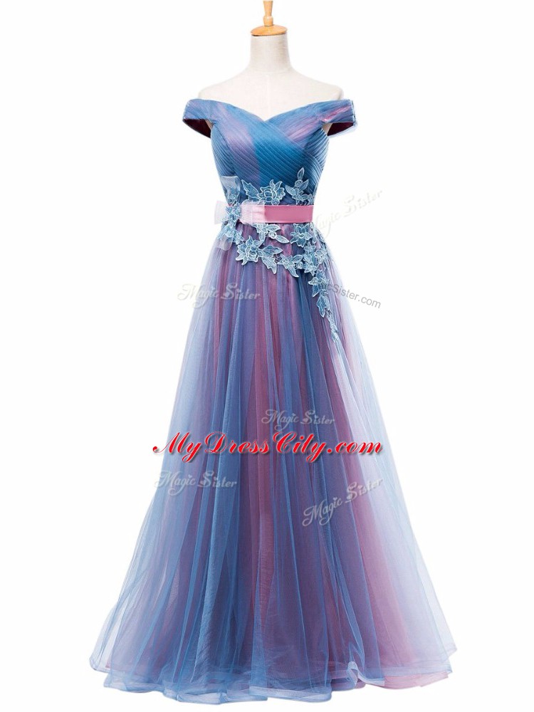 Sophisticated Multi-color Tulle Lace Up Homecoming Dress Sleeveless Floor Length Appliques and Ruching and Belt