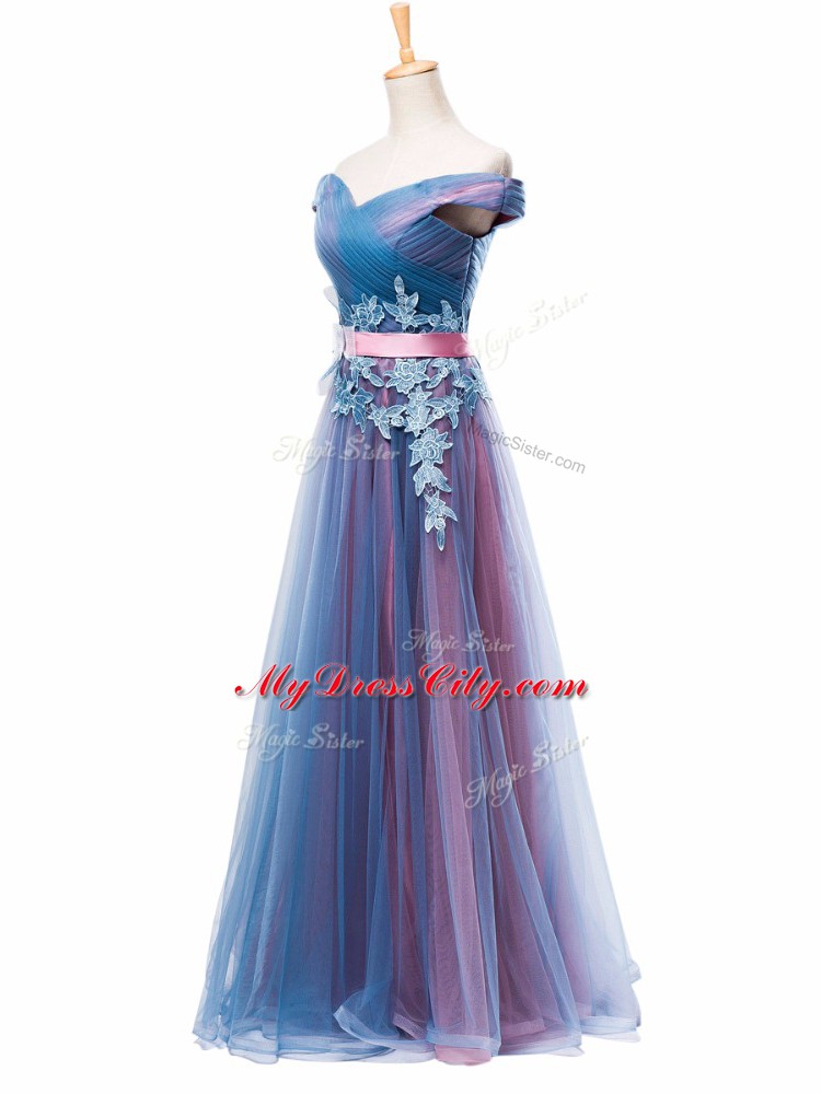 Sophisticated Multi-color Tulle Lace Up Homecoming Dress Sleeveless Floor Length Appliques and Ruching and Belt