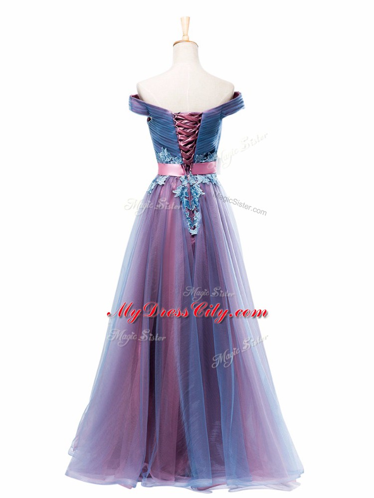 Sophisticated Multi-color Tulle Lace Up Homecoming Dress Sleeveless Floor Length Appliques and Ruching and Belt