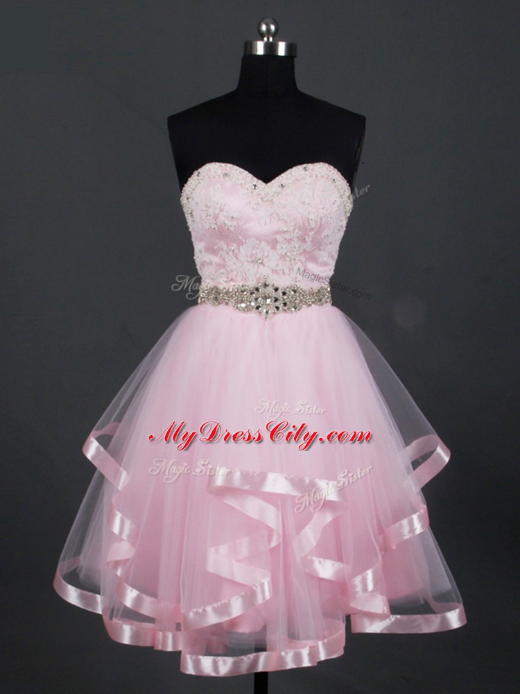 Designer Baby Pink Zipper Sweetheart Beading and Lace and Ruffles Court Dresses for Sweet 16 Tulle Sleeveless