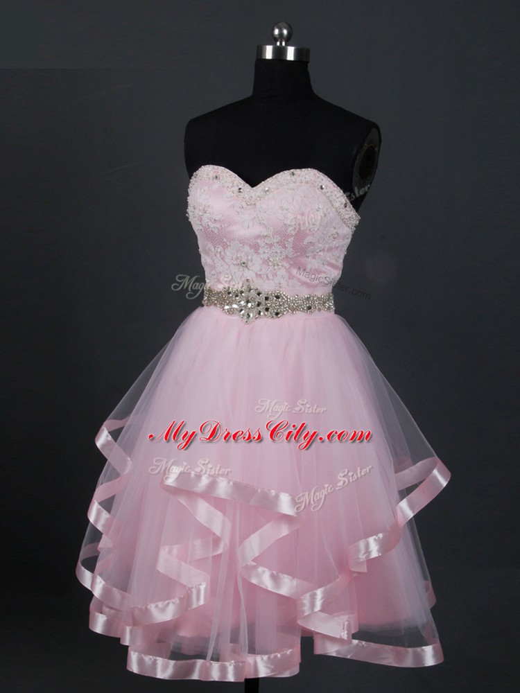 Designer Baby Pink Zipper Sweetheart Beading and Lace and Ruffles Court Dresses for Sweet 16 Tulle Sleeveless