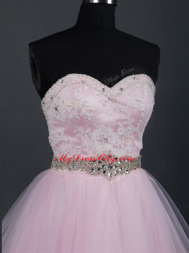 Designer Baby Pink Zipper Sweetheart Beading and Lace and Ruffles Court Dresses for Sweet 16 Tulle Sleeveless