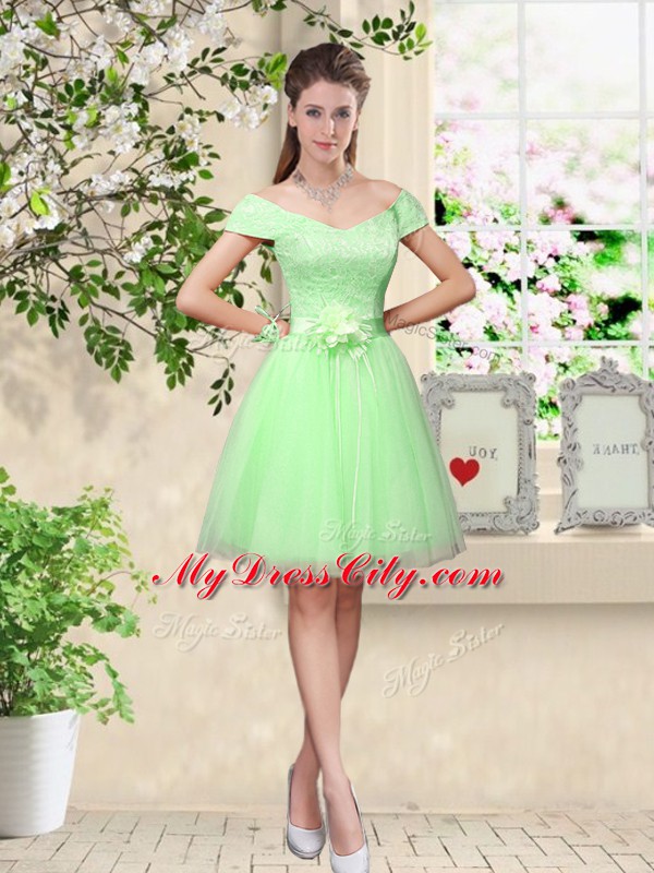 New Arrival Cap Sleeves Lace Up Knee Length Lace and Belt Bridesmaid Dress