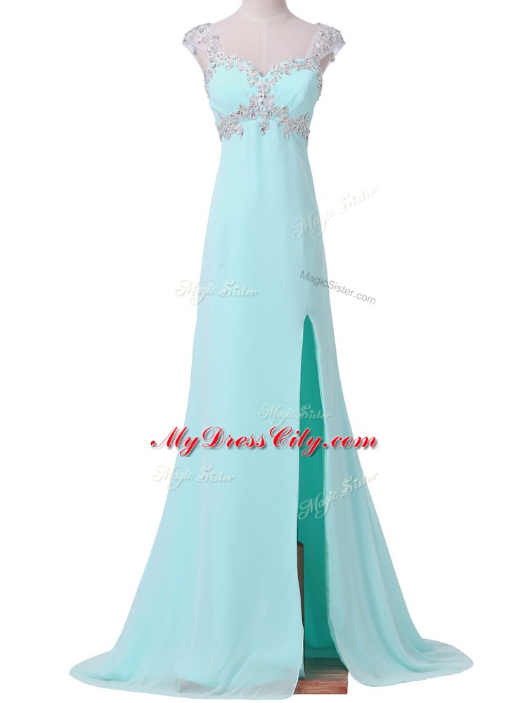 High End Backless Prom Gown Aqua Blue for Prom and Party and Military Ball with Beading