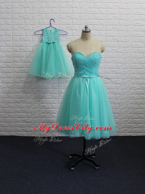 Colorful Aqua Blue Sleeveless Mini Length Beading Lace Up Dress for Prom