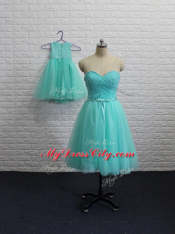 Colorful Aqua Blue Sleeveless Mini Length Beading Lace Up Dress for Prom