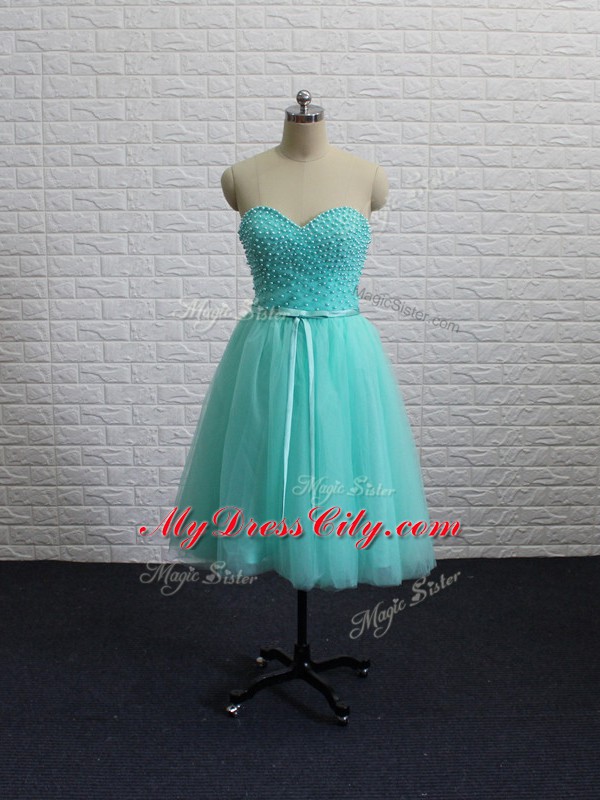 Colorful Aqua Blue Sleeveless Mini Length Beading Lace Up Dress for Prom