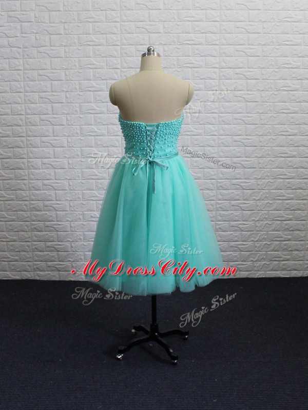 Colorful Aqua Blue Sleeveless Mini Length Beading Lace Up Dress for Prom