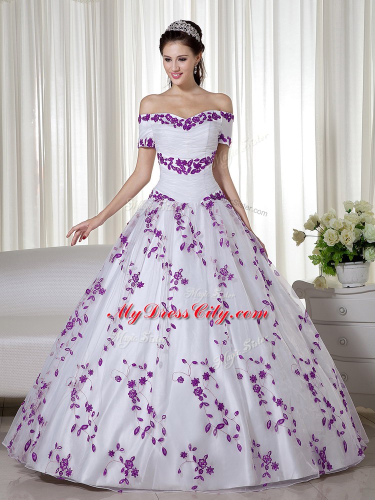 Excellent Short Sleeves Embroidery Lace Up 15 Quinceanera Dress