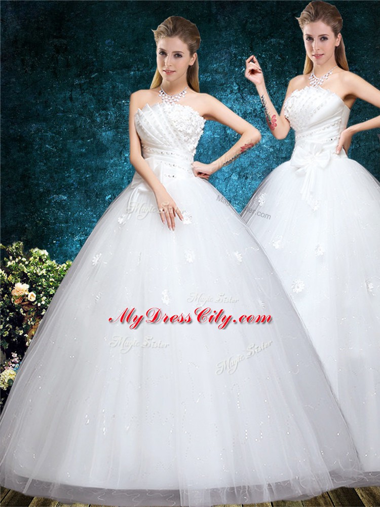 Luxurious Ball Gowns Wedding Dress White Off The Shoulder Tulle Sleeveless Floor Length Lace Up