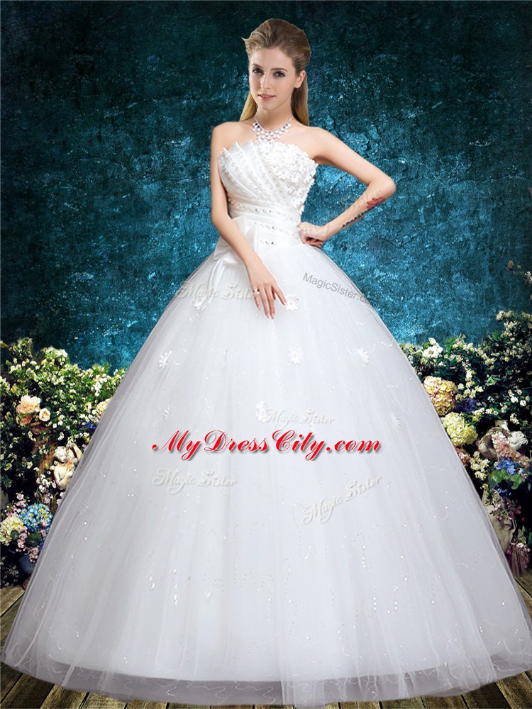 Luxurious Ball Gowns Wedding Dress White Off The Shoulder Tulle Sleeveless Floor Length Lace Up