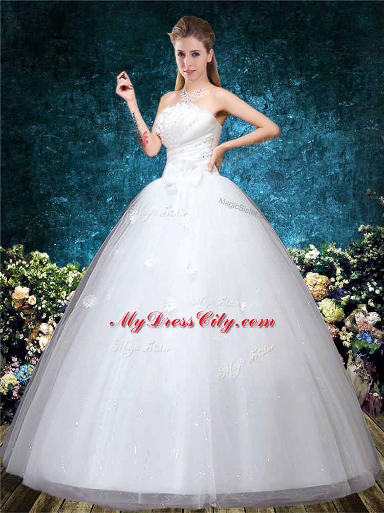 Luxurious Ball Gowns Wedding Dress White Off The Shoulder Tulle Sleeveless Floor Length Lace Up