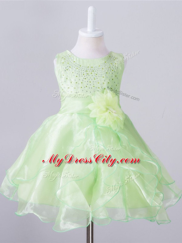 Decent Sleeveless Knee Length Beading and Hand Made Flower Zipper Toddler Flower Girl Dress with Yellow Green