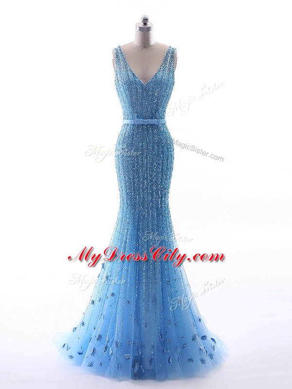 Baby Blue V-neck Neckline Beading and Belt and Hand Made Flower Juniors Evening Dress Sleeveless Zipper