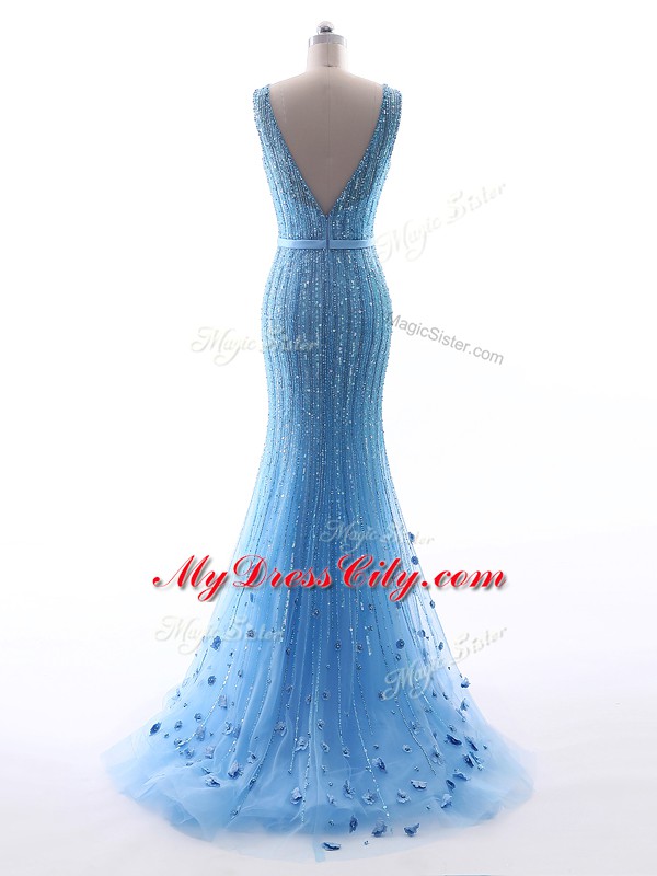 Baby Blue V-neck Neckline Beading and Belt and Hand Made Flower Juniors Evening Dress Sleeveless Zipper