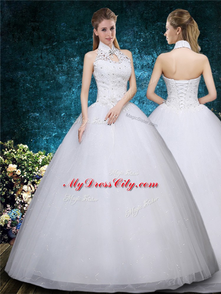 Beading and Embroidery Wedding Gowns White Lace Up Sleeveless Floor Length