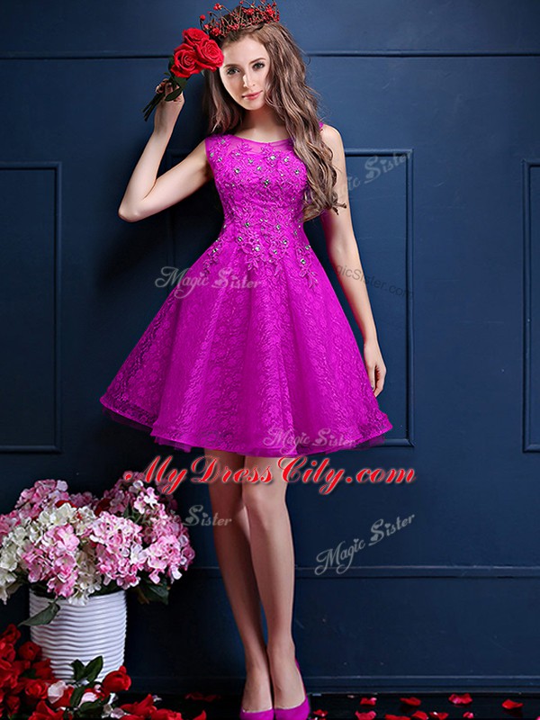 Stunning Fuchsia Tulle Lace Up Bateau Sleeveless Knee Length Quinceanera Dama Dress Beading and Lace