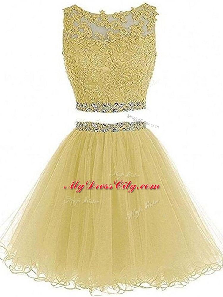 Dynamic Yellow Two Pieces Tulle Sweetheart Sleeveless Beading and Lace and Appliques Mini Length Zipper Prom Gown