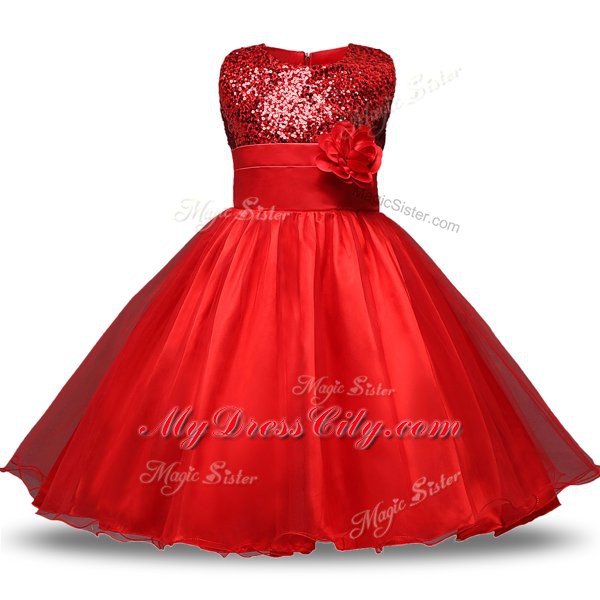 Scoop Sleeveless Zipper Toddler Flower Girl Dress Red Organza and Sequined